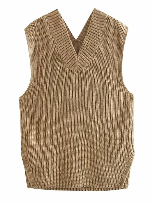 4 Colors V-Neck Simple Split-Side Sleeveless Knitted Vest