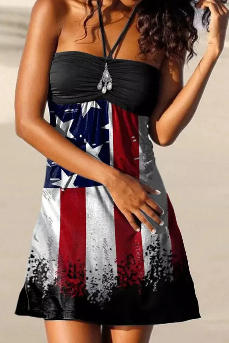 American Flag Star Striped Modern Pocket Overall Mini Dress