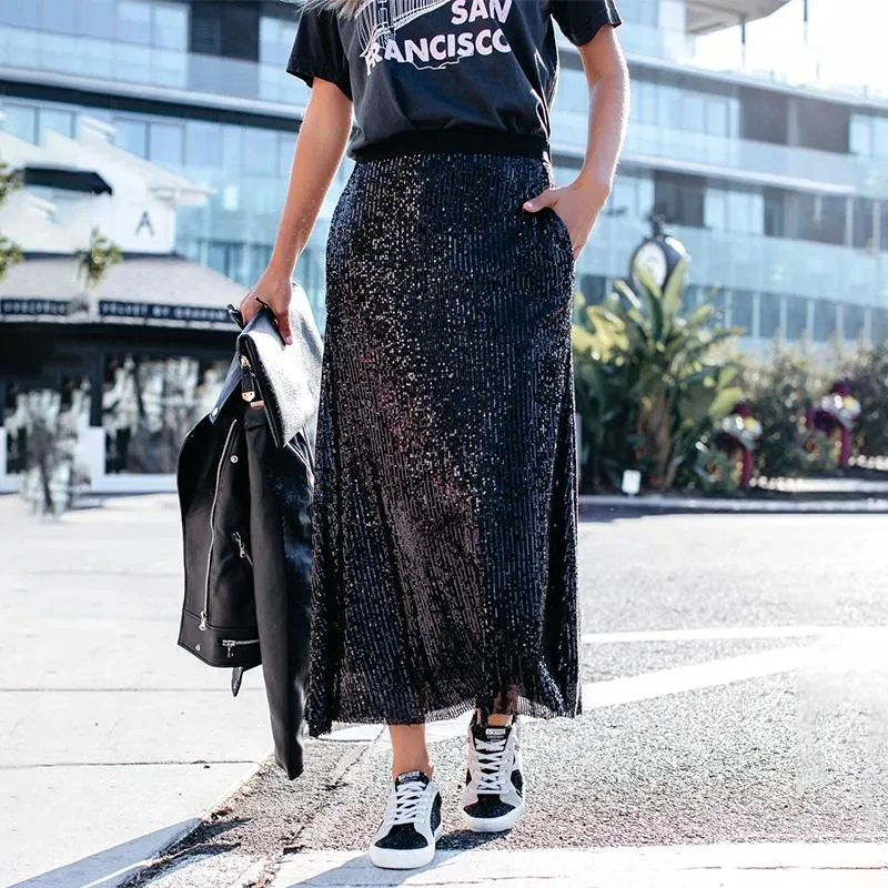 Black sequins plain loose skirt