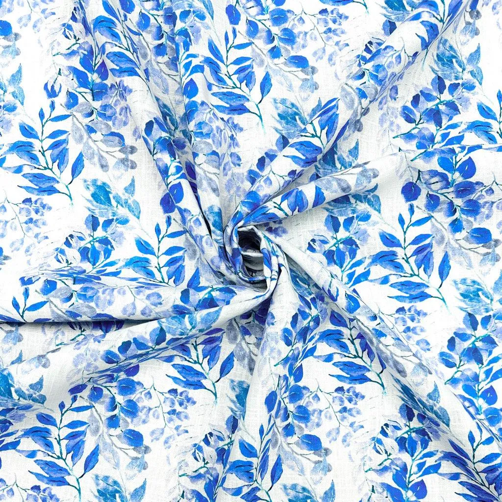 Blue Leaves on White Linen Blend Fabric