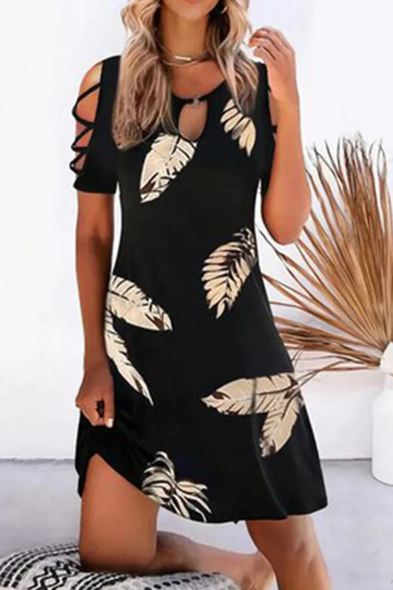 Casual Print Hollowed Out O Neck Straight Dresses