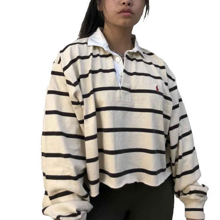 Casual women's pullover lapel loose striped women's sweatshirt