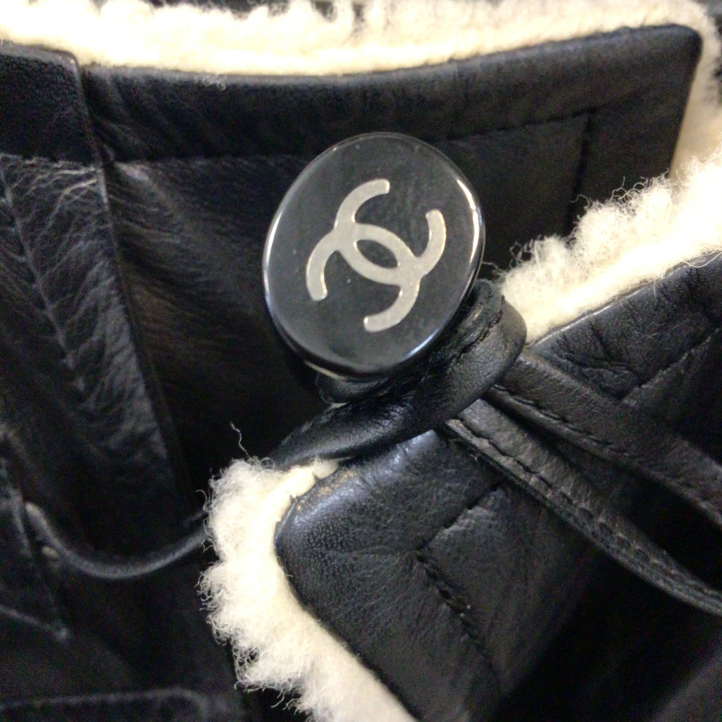 Chanel Beige / Black Calfskin Leather Trimmed Shearling Toggle Coat