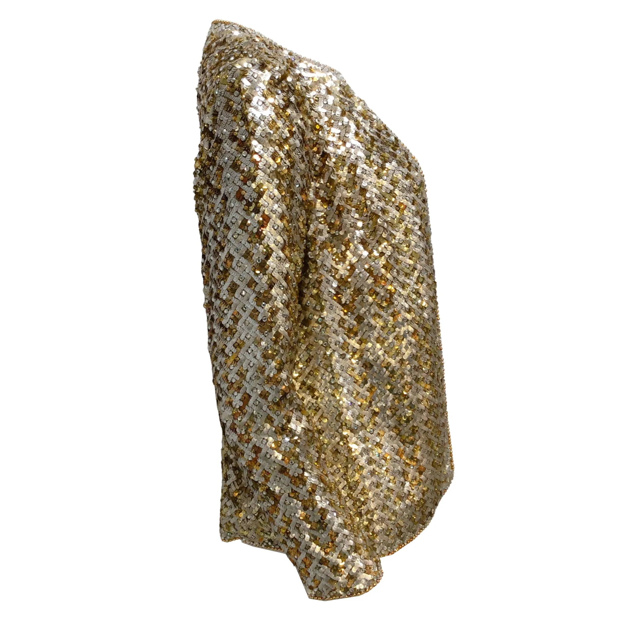 Christian Dior Vintage Gold and Silver Metallic Sequined and Beaded Open Front Jacket