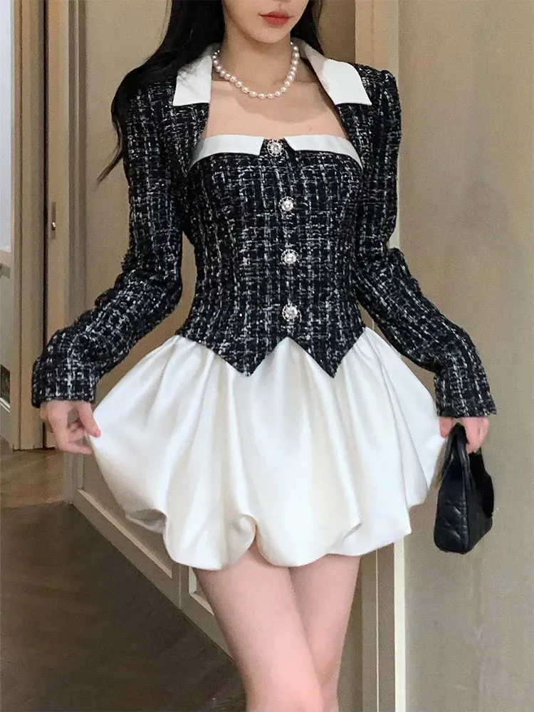 deanwangkt Elegant 2 Piece Dress Set Woman Black Crop Tops   Slim Sleeveless Y2k Mini Dress Corest Corset Korean Fashion Suit  Autumn