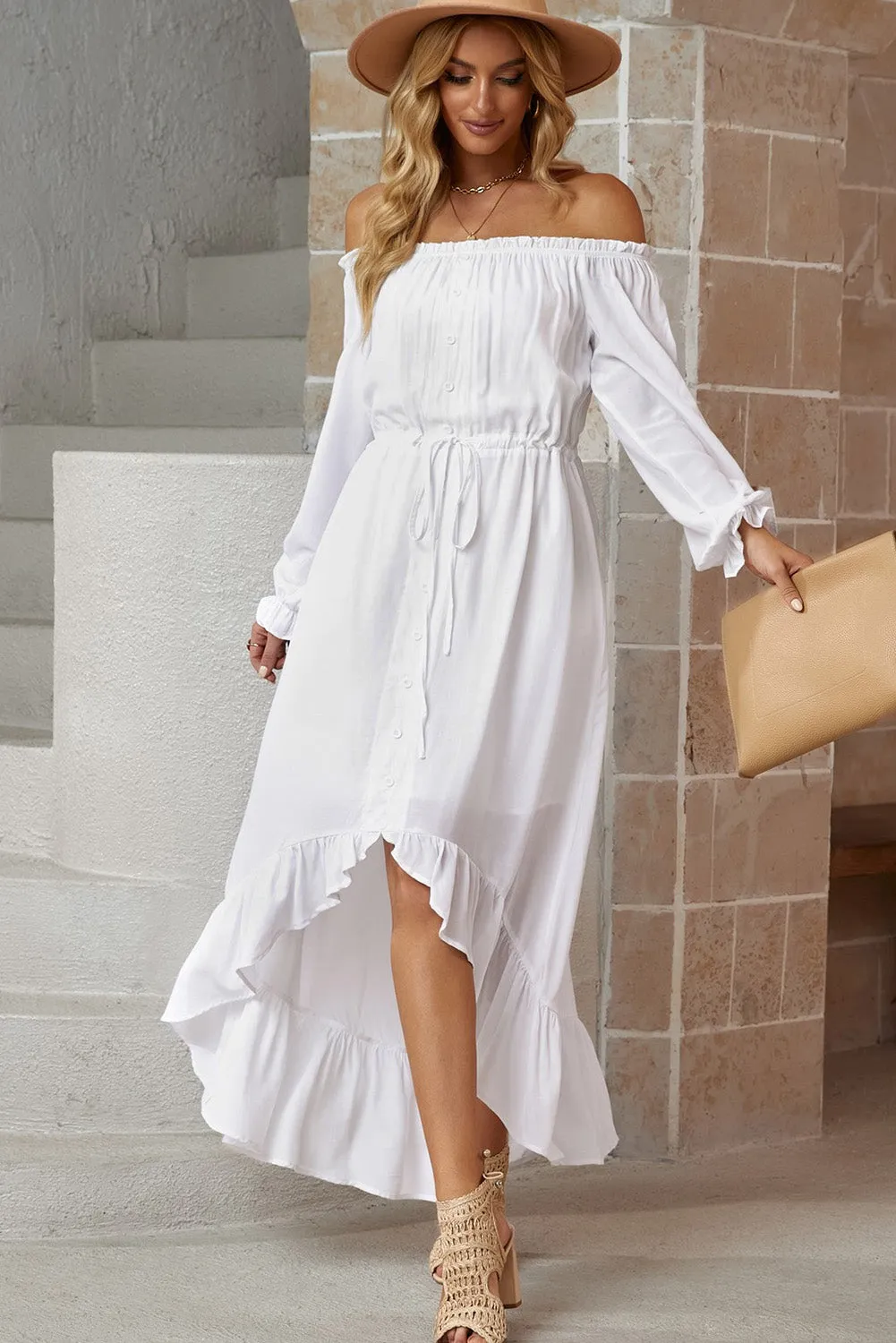 Decorative Button Ruffled High-Low Off-Shoulder Dress