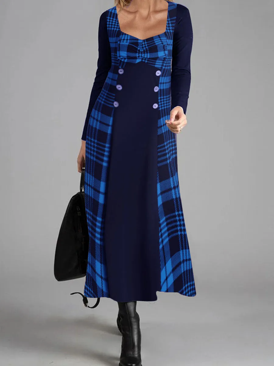 Elegant Button Plaid Square Collar Dress