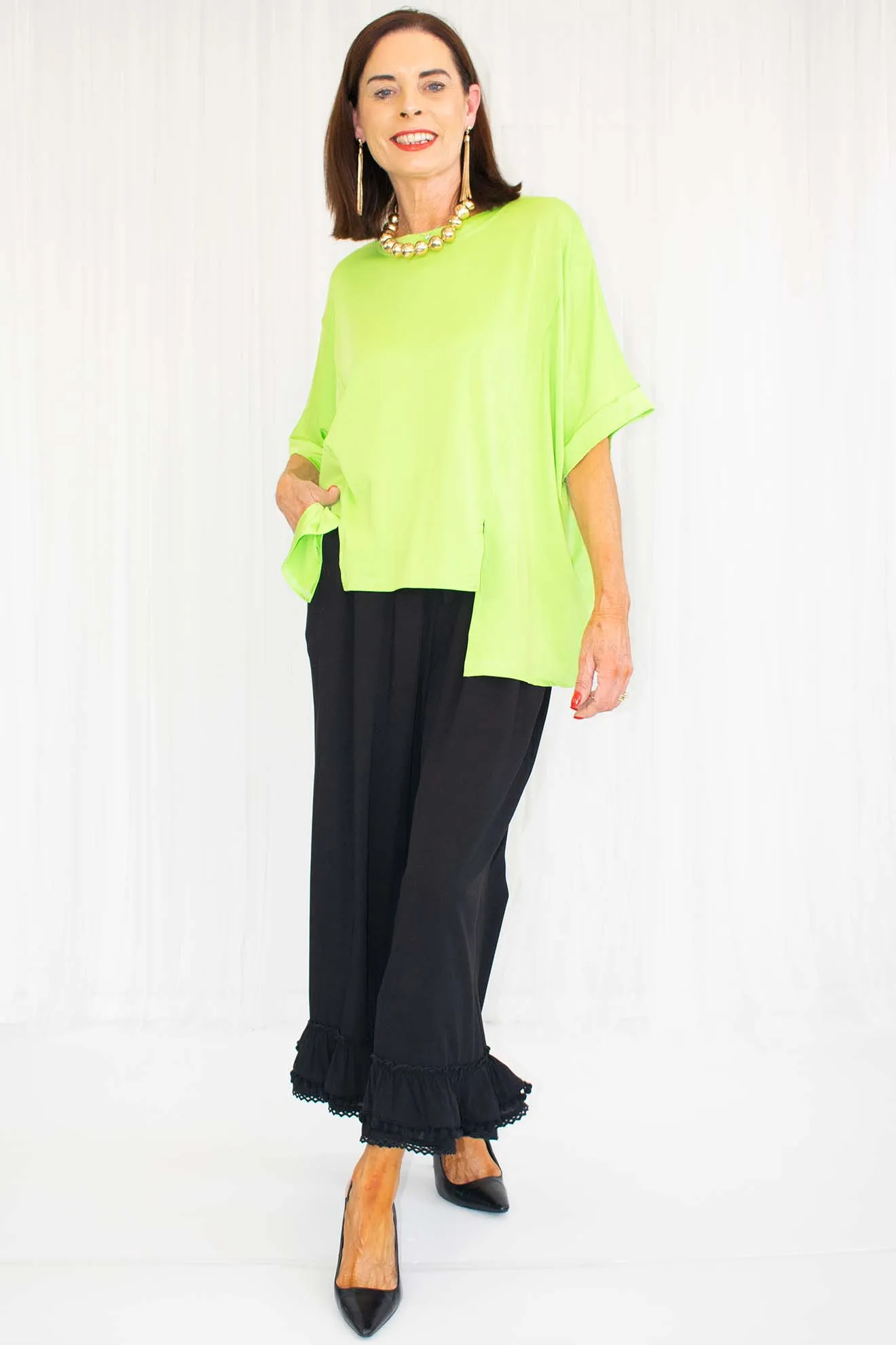 Essie Boxy Short Sleeve Top with Slit in Bright Apple