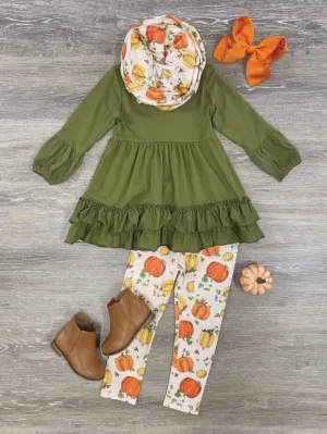 Fall Fun Green & Orange Girls Scarf Outfit