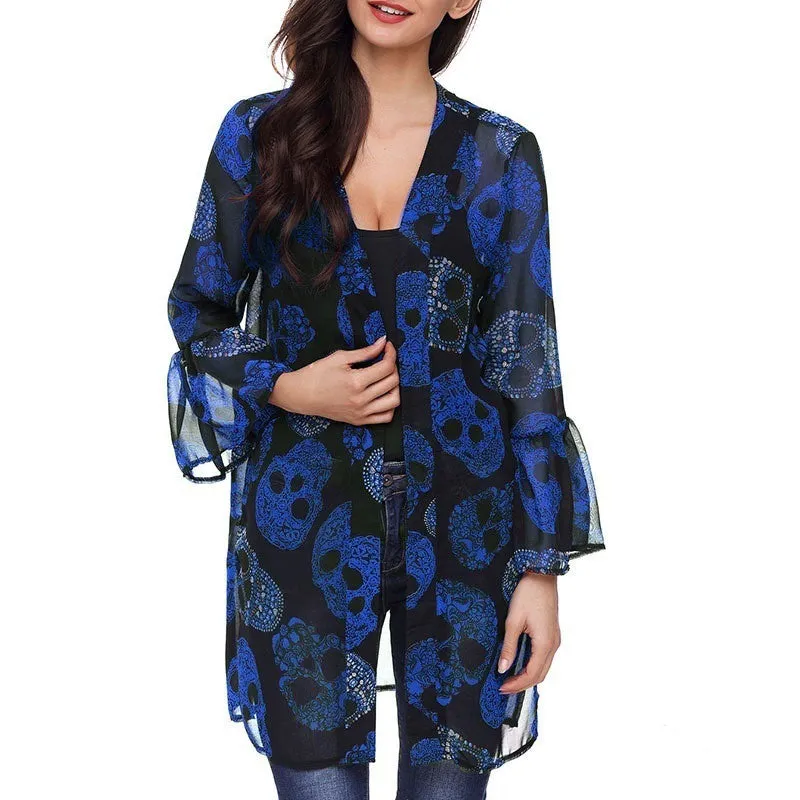 Fashionable Skull Print Long Sleeve Chiffon Cardigan