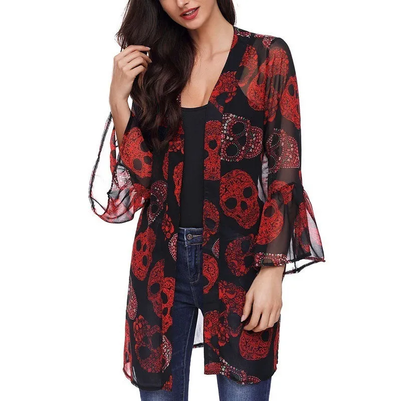 Fashionable Skull Print Long Sleeve Chiffon Cardigan