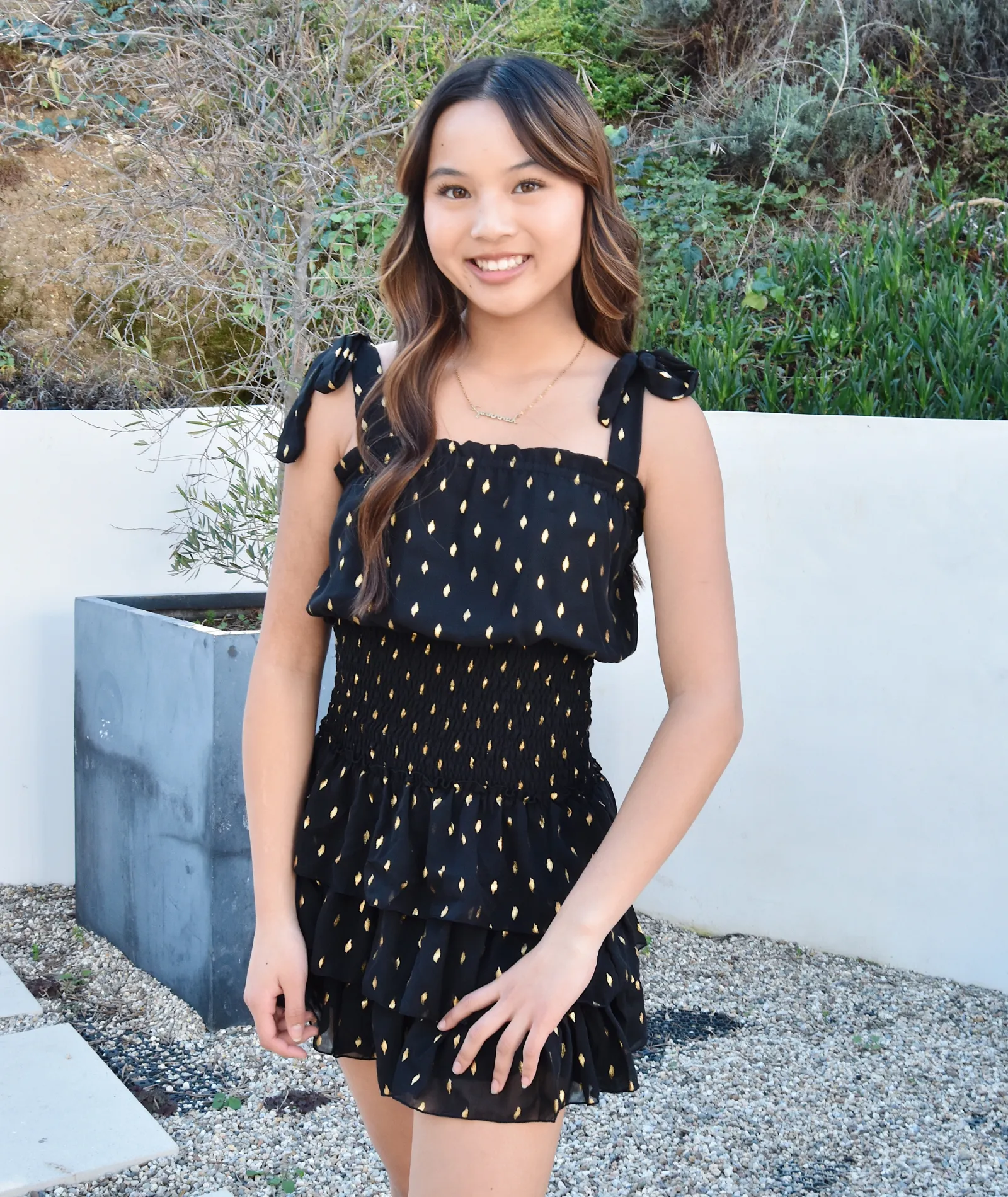 FBZ Girls Black With Gold Dots Tie Straps Dress