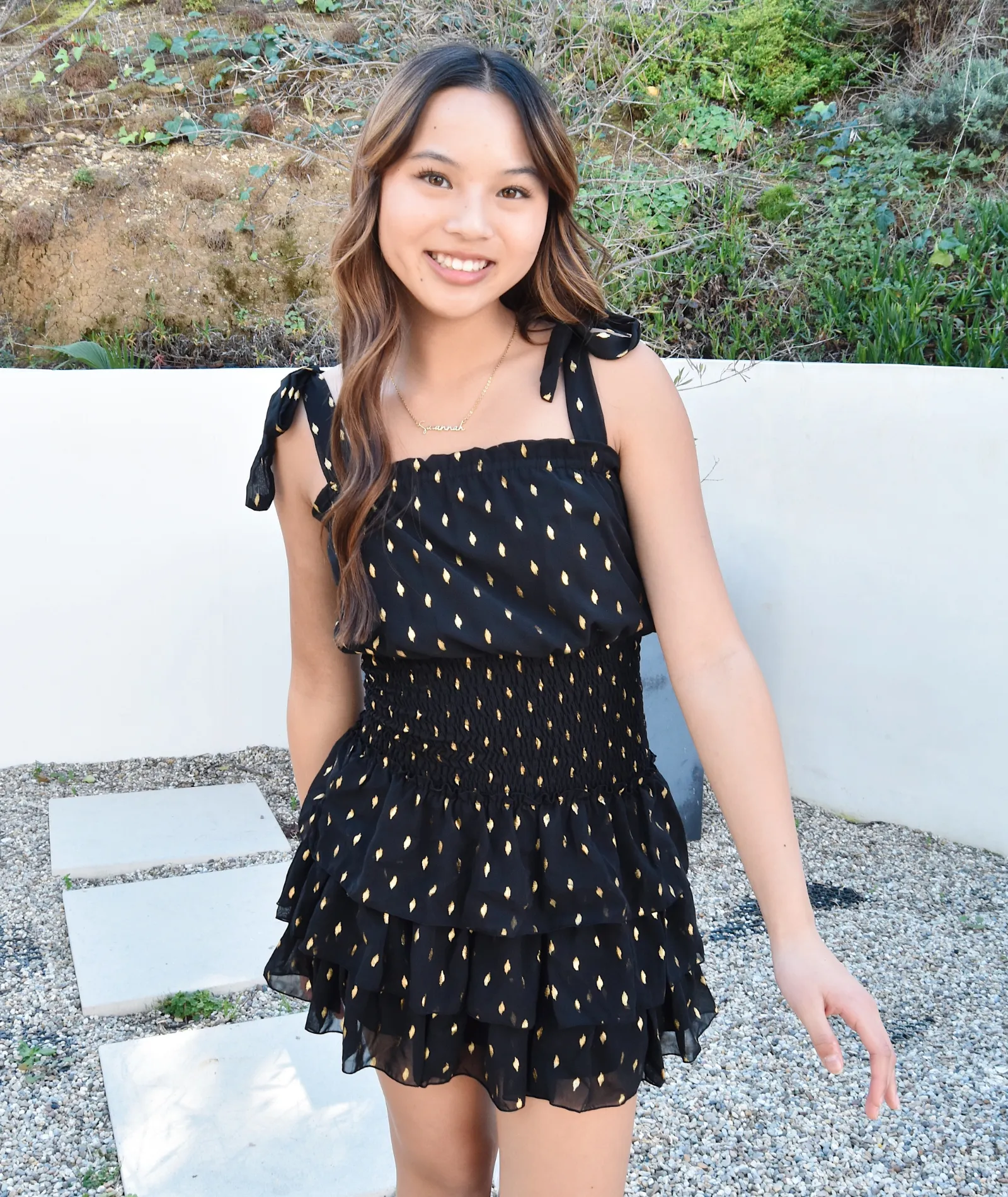 FBZ Girls Black With Gold Dots Tie Straps Dress