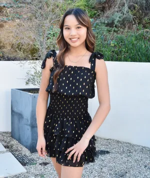 FBZ Girls Black With Gold Dots Tie Straps Dress