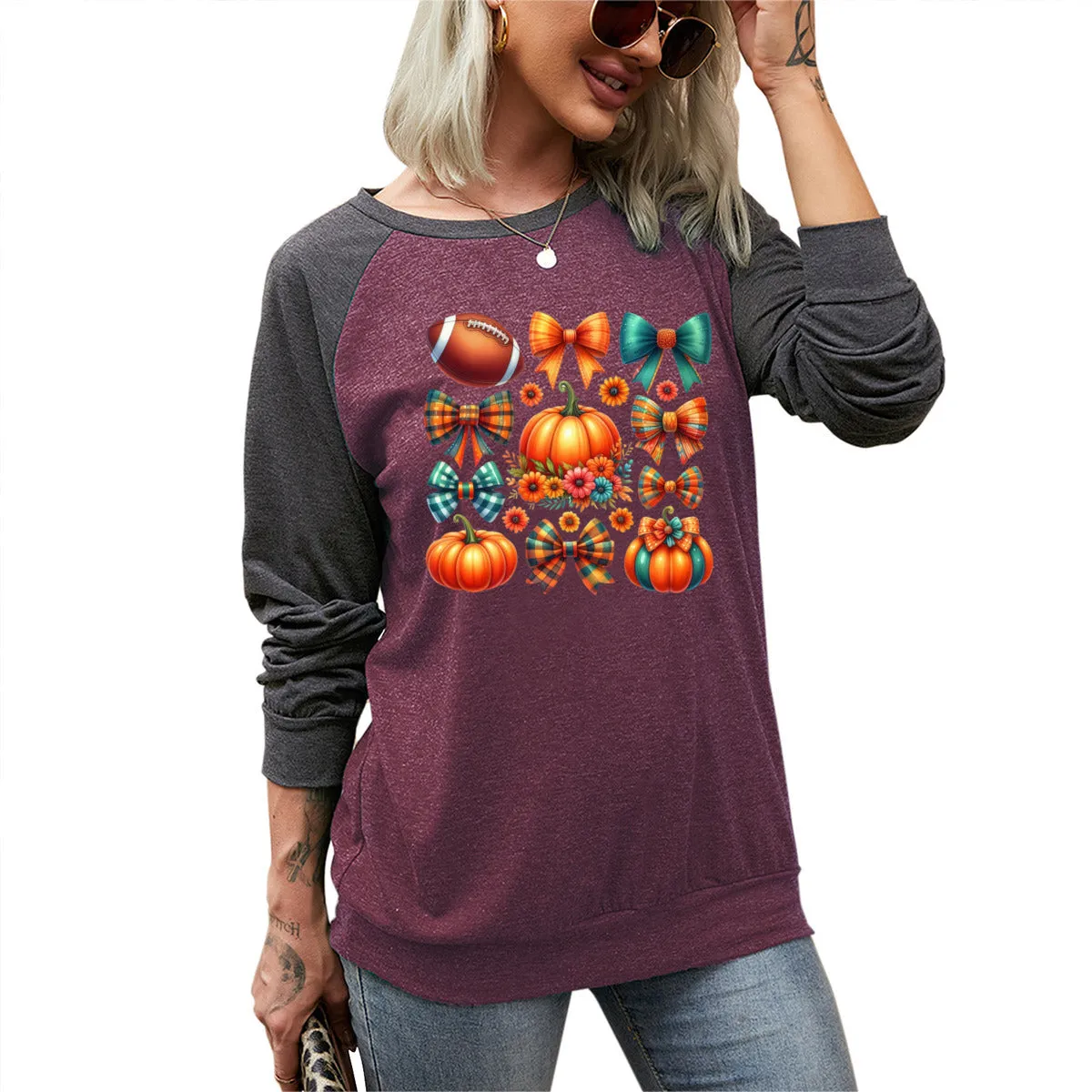 Football, Pumpkins & Bows Long Sleeve Tee