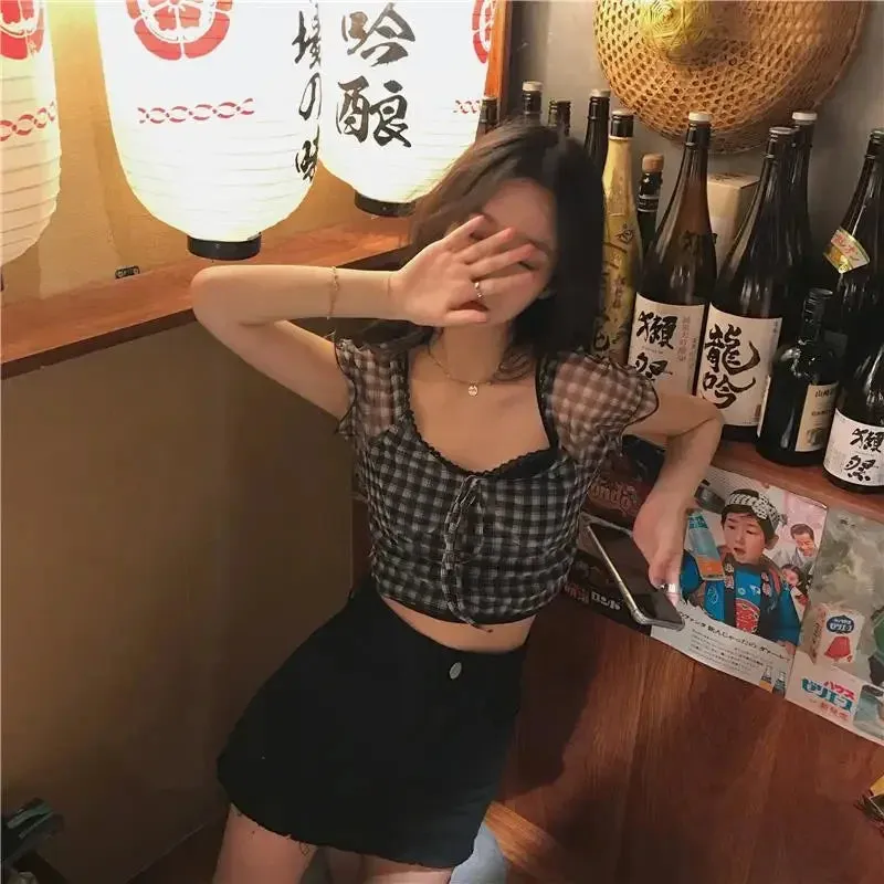 Girlary 2024 Summer Plaid Tshirts Women Retro Sexy Shirt Casual Lace Tees Puff Sleeve 2000s Vintage Y2k Crop Tops Female Korean Fashion