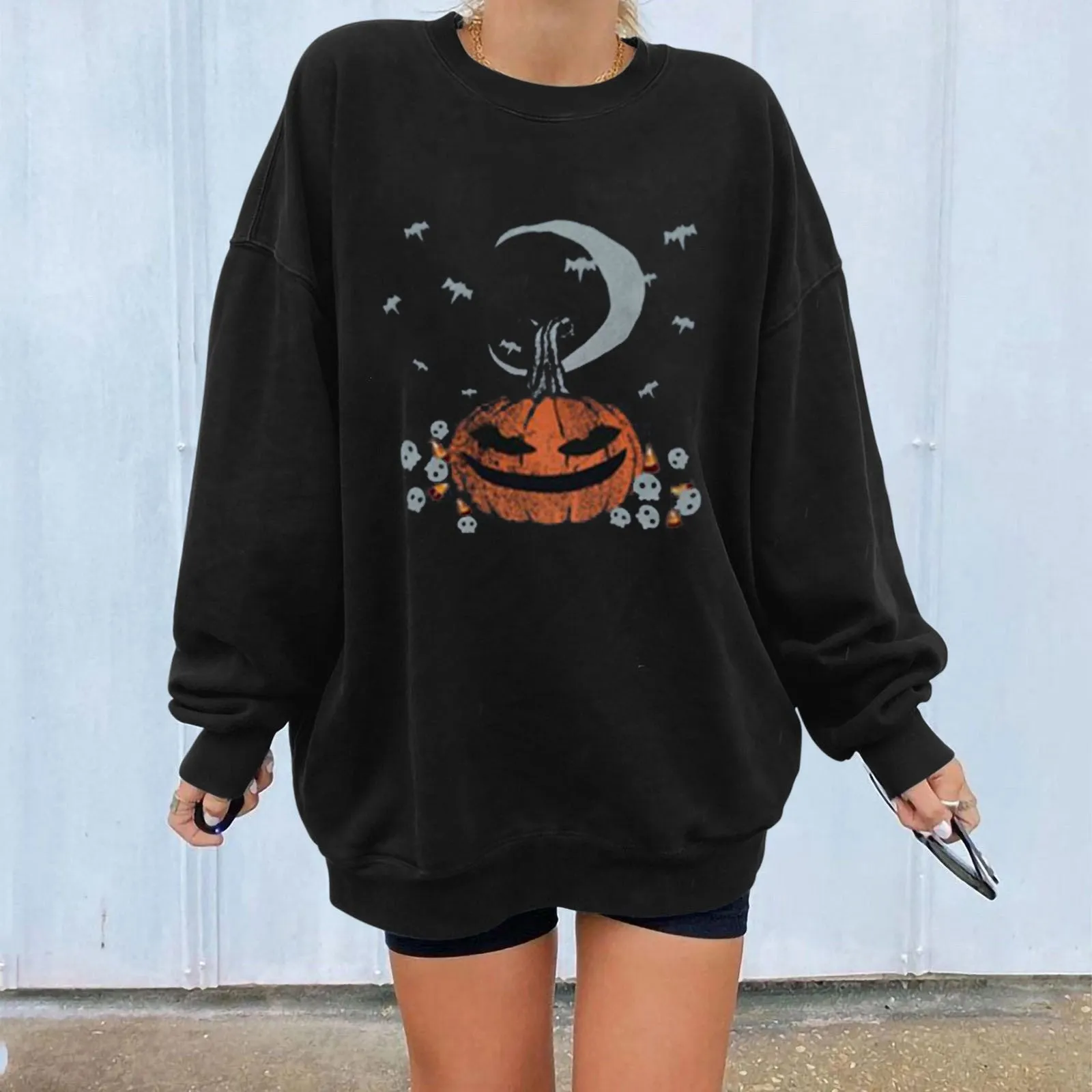 Halloween long-sleeved women plus velvet pumpkin long-sleeved skull sweater