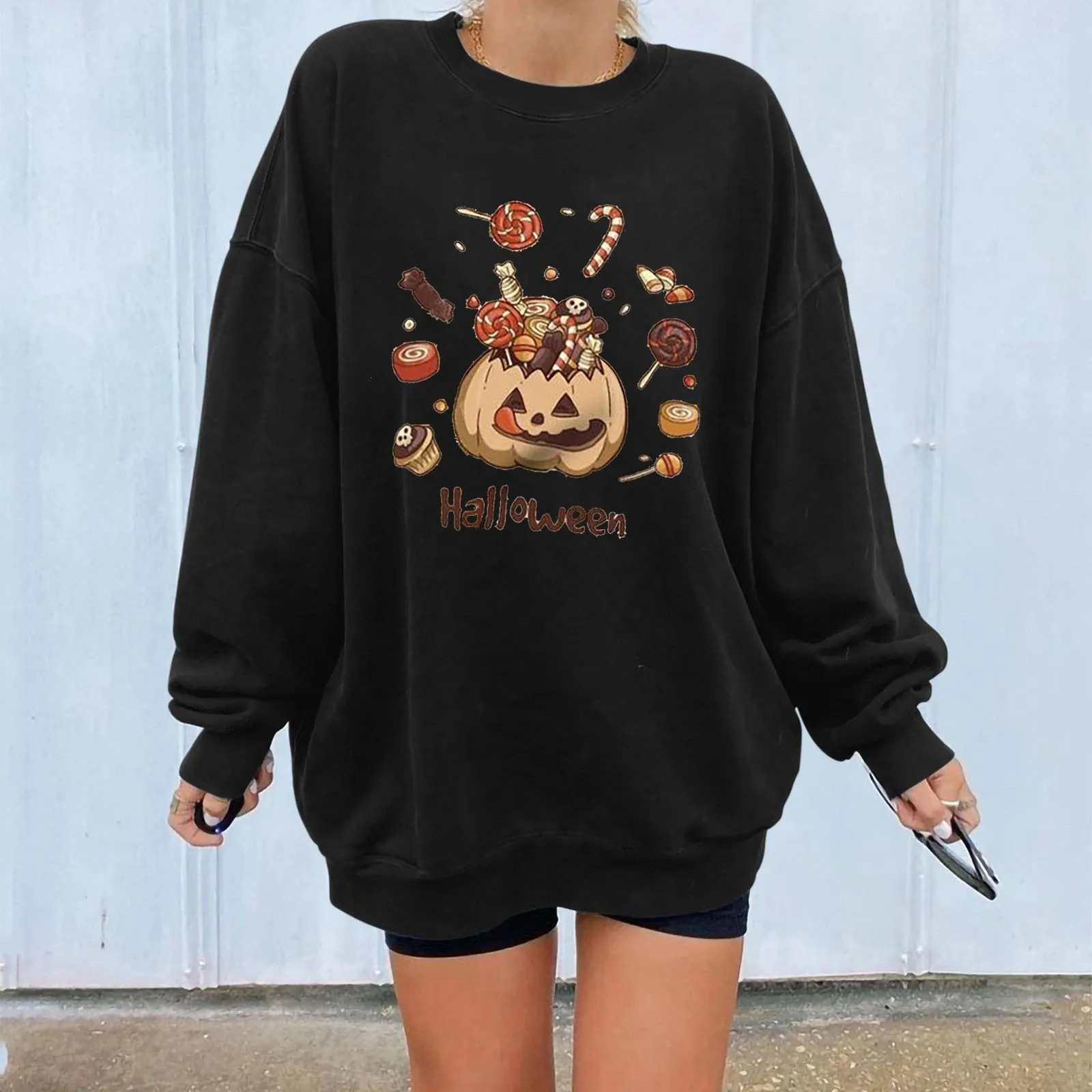 Halloween long-sleeved women plus velvet pumpkin long-sleeved skull sweater