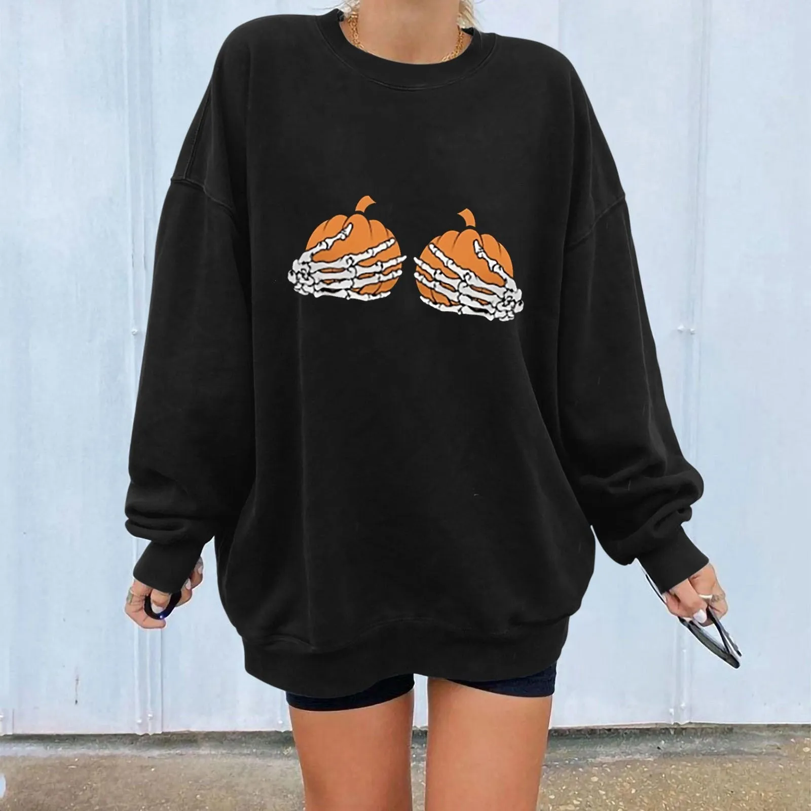 Halloween long-sleeved women plus velvet pumpkin long-sleeved skull sweater