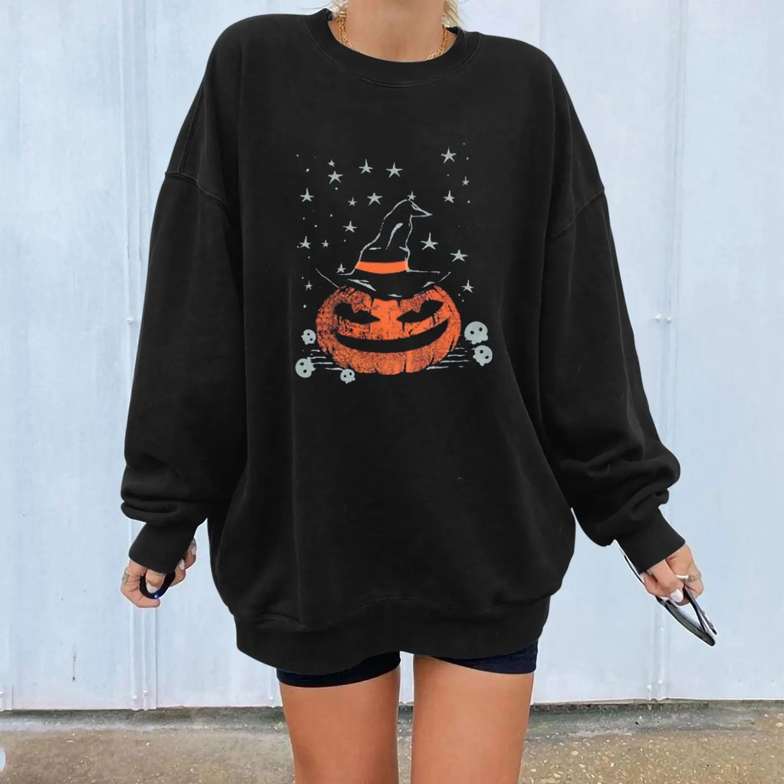 Halloween long-sleeved women plus velvet pumpkin long-sleeved skull sweater