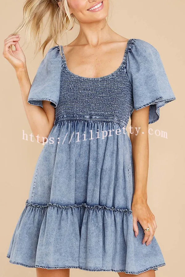 Hello Cutie Pie Denim Smocked Puff Sleeve Mini Dress