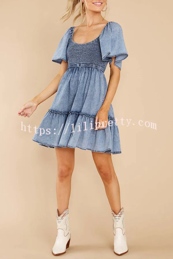 Hello Cutie Pie Denim Smocked Puff Sleeve Mini Dress