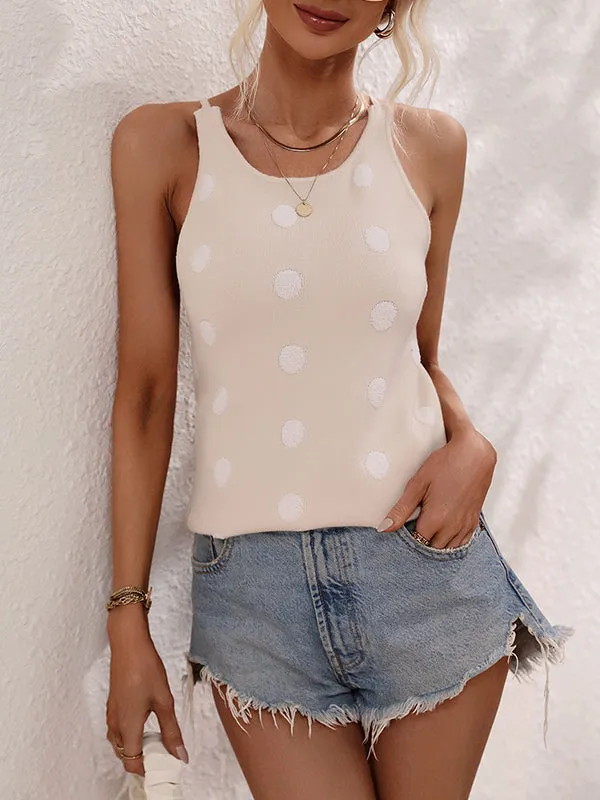 High-Low Sleeveless Hollow Polka-Dot Round-Neck Vest Top