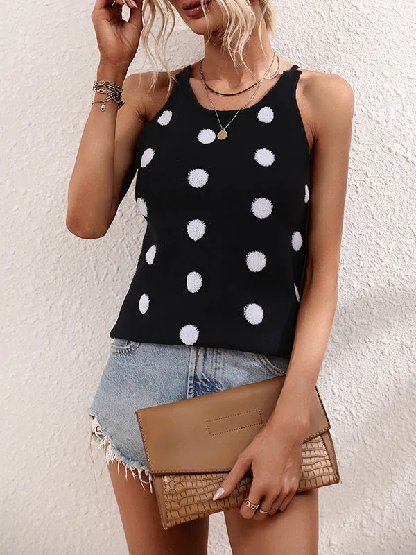 High-Low Sleeveless Hollow Polka-Dot Round-Neck Vest Top