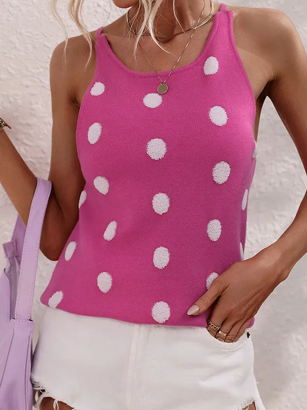 High-Low Sleeveless Hollow Polka-Dot Round-Neck Vest Top