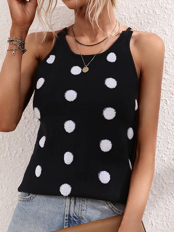 High-Low Sleeveless Hollow Polka-Dot Round-Neck Vest Top