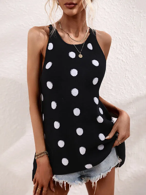 High-Low Sleeveless Hollow Polka-Dot Round-Neck Vest Top