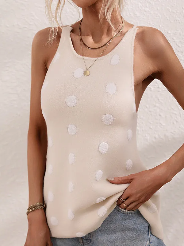 High-Low Sleeveless Hollow Polka-Dot Round-Neck Vest Top