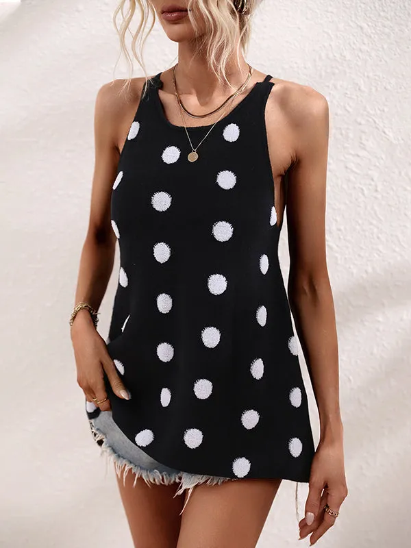 High-Low Sleeveless Hollow Polka-Dot Round-Neck Vest Top