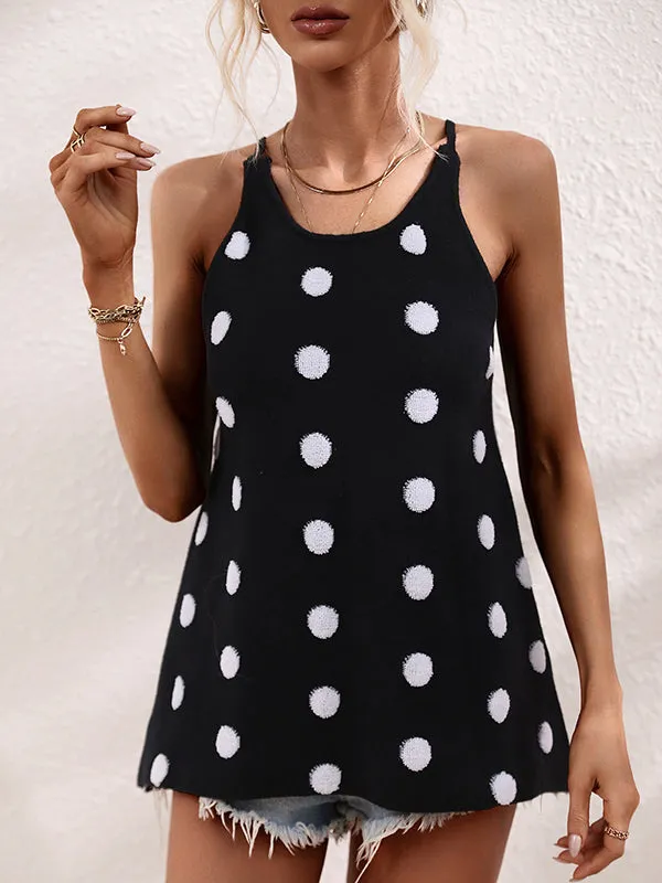 High-Low Sleeveless Hollow Polka-Dot Round-Neck Vest Top