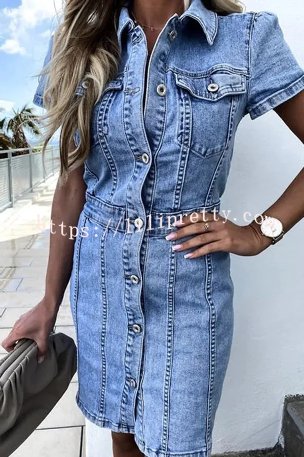 High Waist Single Breasted Denim Mini Dress