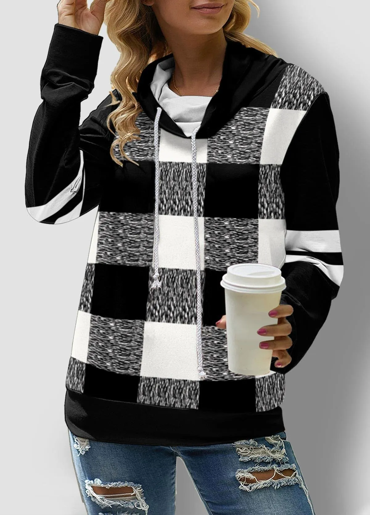 Ladies Plaid Printed Long Sleeve Drawstring Turtleneck Sweatshirt