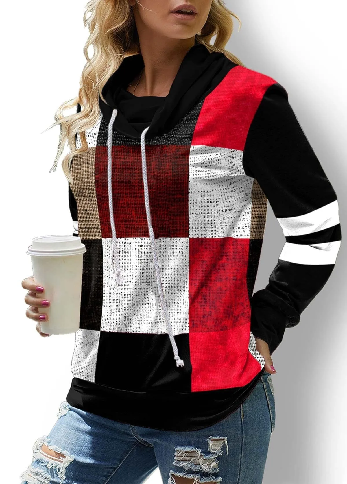 Ladies Plaid Printed Long Sleeve Drawstring Turtleneck Sweatshirt