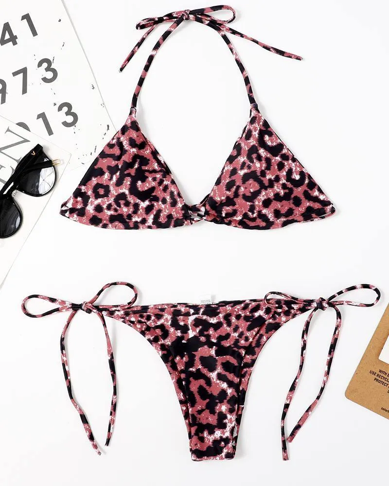 Leopard Strap Bra With Strappy Panties Bikini Sets