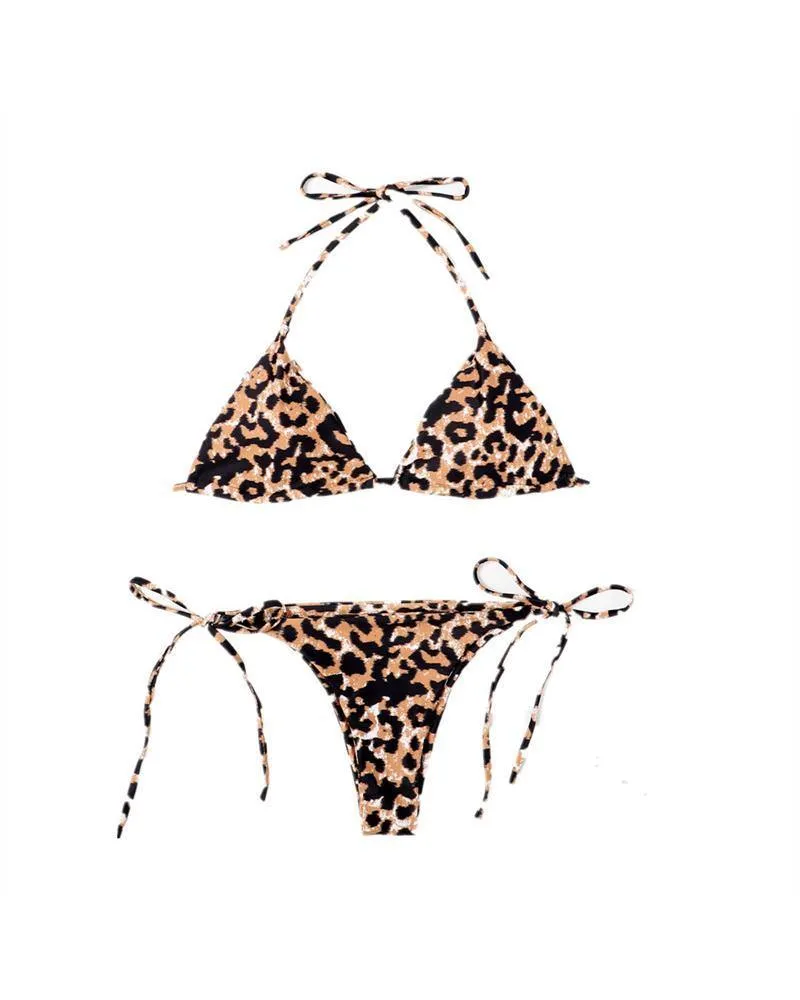 Leopard Strap Bra With Strappy Panties Bikini Sets