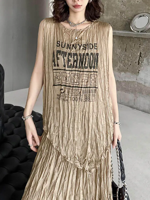 Loose Sleeveless Asymmetric Letter Print Pleated Round-Neck Vest Top