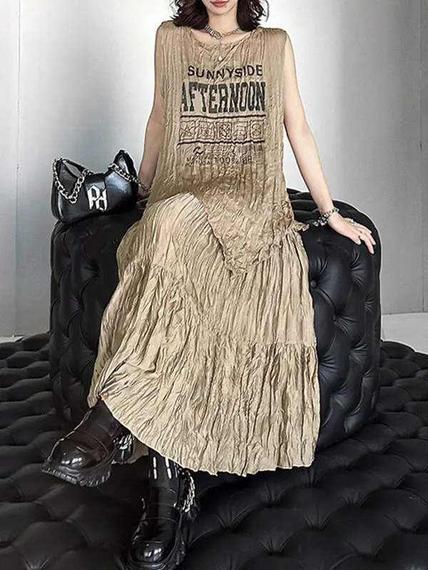 Loose Sleeveless Asymmetric Letter Print Pleated Round-Neck Vest Top