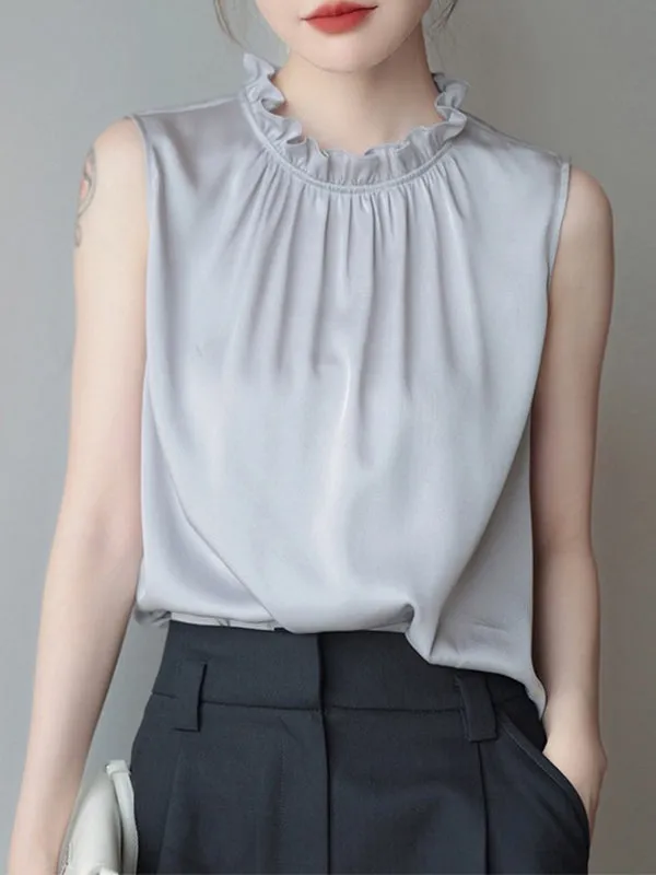 Loose Sleeveless Hollow Pleated Ruffled Solid Color Stand Collar Vest Top