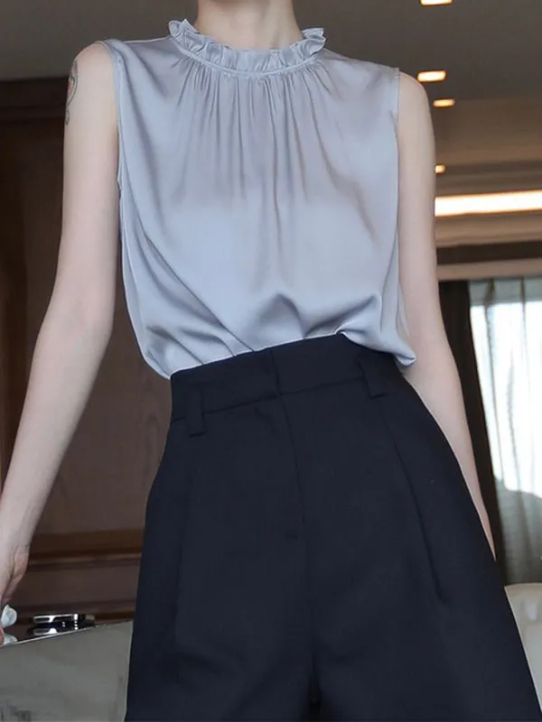 Loose Sleeveless Hollow Pleated Ruffled Solid Color Stand Collar Vest Top