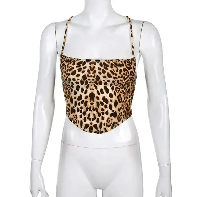 LVSANW 2024 Leopard Pattern Women Tank Tops Backless Sexy Rave Outfits Sleeveless Cross Lace Up Bralette Crop Top Summer Streetwear