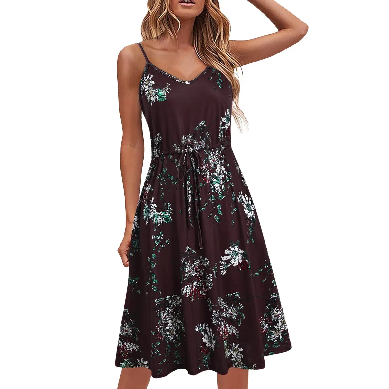 LVSANW 2024 Summer Women's Dress Vintage Dot Floral Spaghetti Strap Beach Dress Casual Loose Party A Line Midi Dress Camisole Sundress