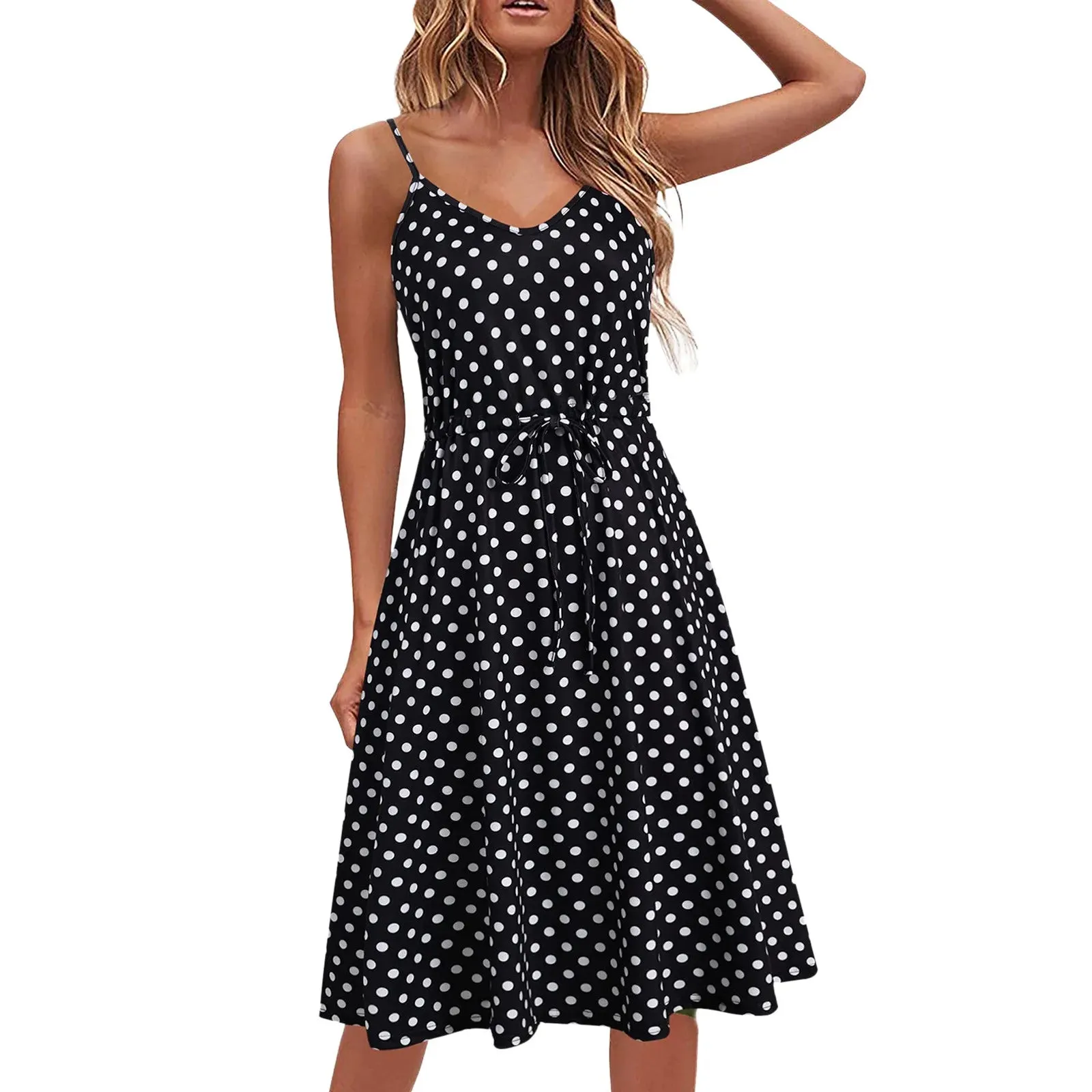 LVSANW 2024 Summer Women's Dress Vintage Dot Floral Spaghetti Strap Beach Dress Casual Loose Party A Line Midi Dress Camisole Sundress