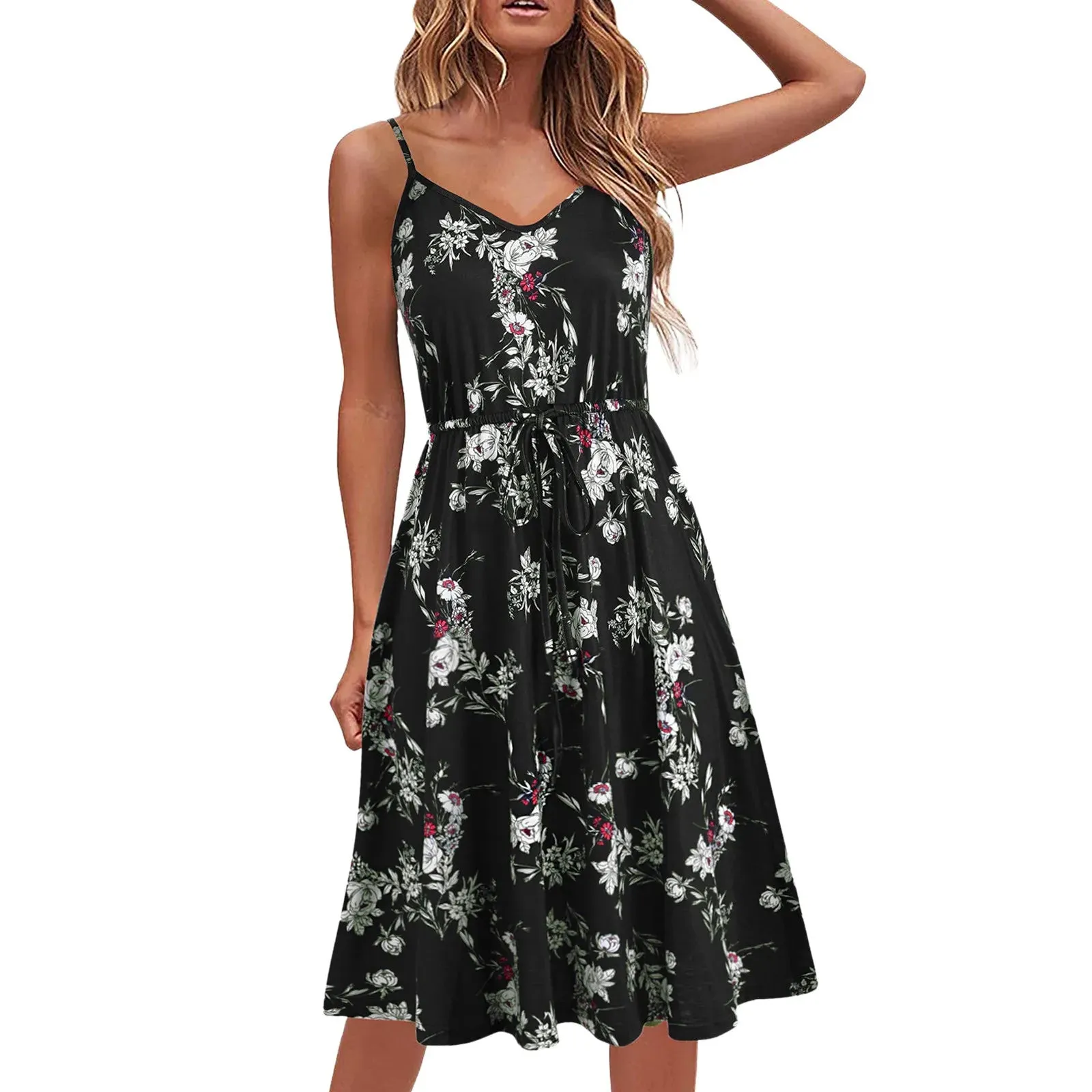 LVSANW 2024 Summer Women's Dress Vintage Dot Floral Spaghetti Strap Beach Dress Casual Loose Party A Line Midi Dress Camisole Sundress