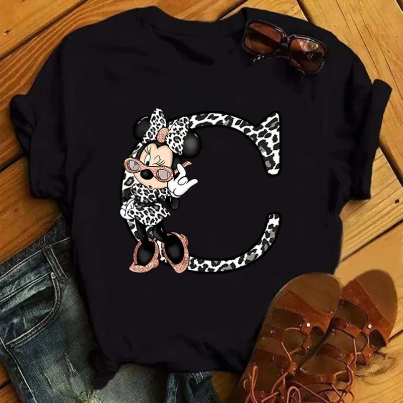 LVSANW Disney Leopard Minnie Mouse A-Z 26 English Letters Women T-shirt Short Sleeve Balck Tops Tee Clothing for Woman