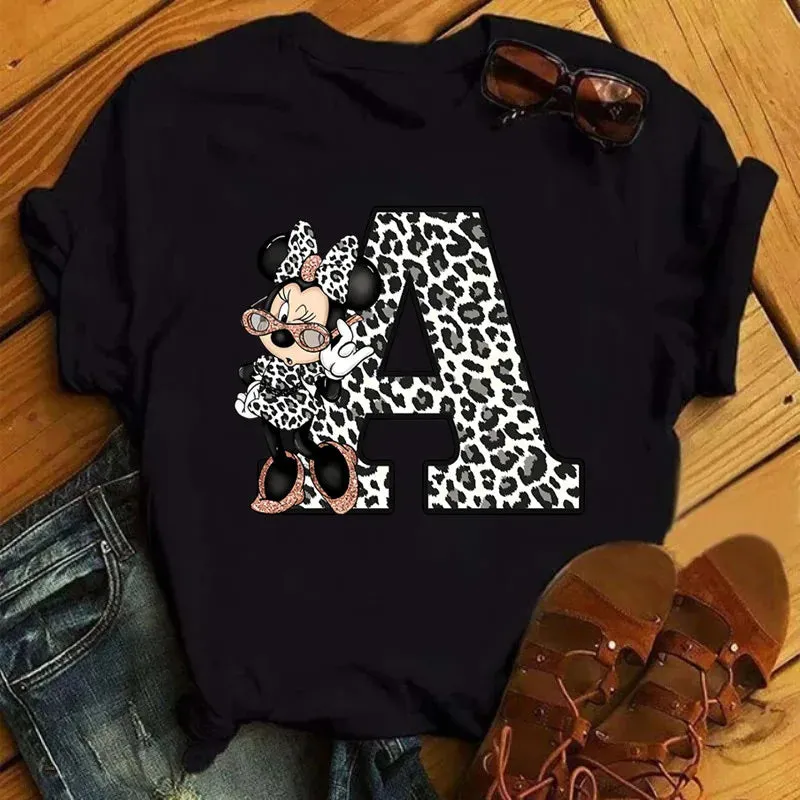 LVSANW Disney Leopard Minnie Mouse A-Z 26 English Letters Women T-shirt Short Sleeve Balck Tops Tee Clothing for Woman