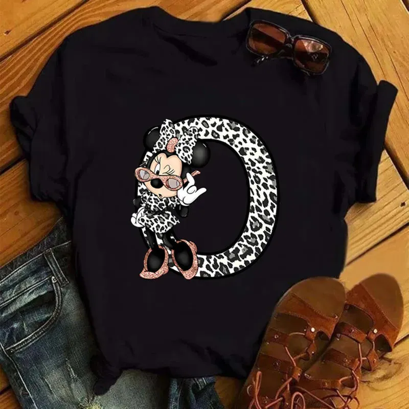 LVSANW Disney Leopard Minnie Mouse A-Z 26 English Letters Women T-shirt Short Sleeve Balck Tops Tee Clothing for Woman